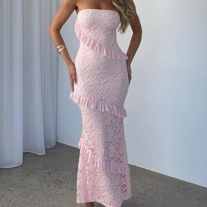 White Fox Boutique Pink Lace Maxi Dress with Ruffles